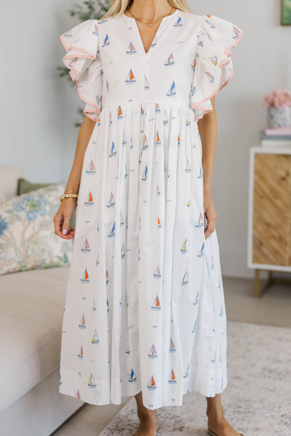 NURSING COLLECTION: Closer Than Ever White Sailboat Midi Dress