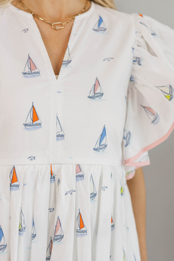 NURSING COLLECTION: Closer Than Ever White Sailboat Midi Dress