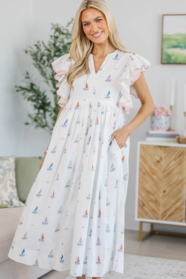 white dress nursing NURSING COLLECTION: Closer Than Ever White Sailboat Midi Dress, X-Large - The Mint Julep Boutique