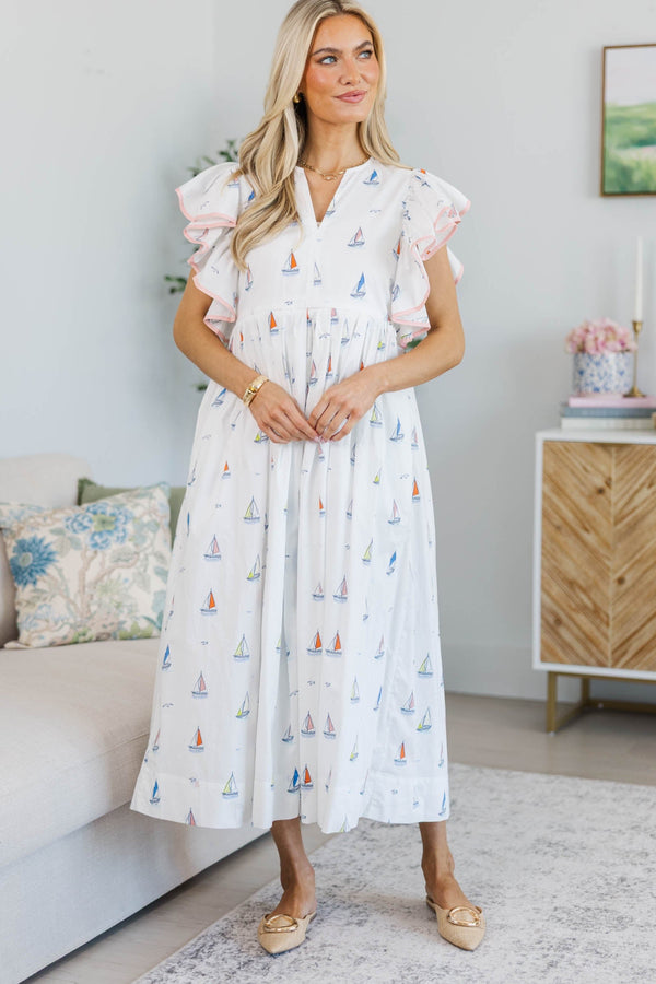 NURSING COLLECTION: Closer Than Ever White Sailboat Midi Dress