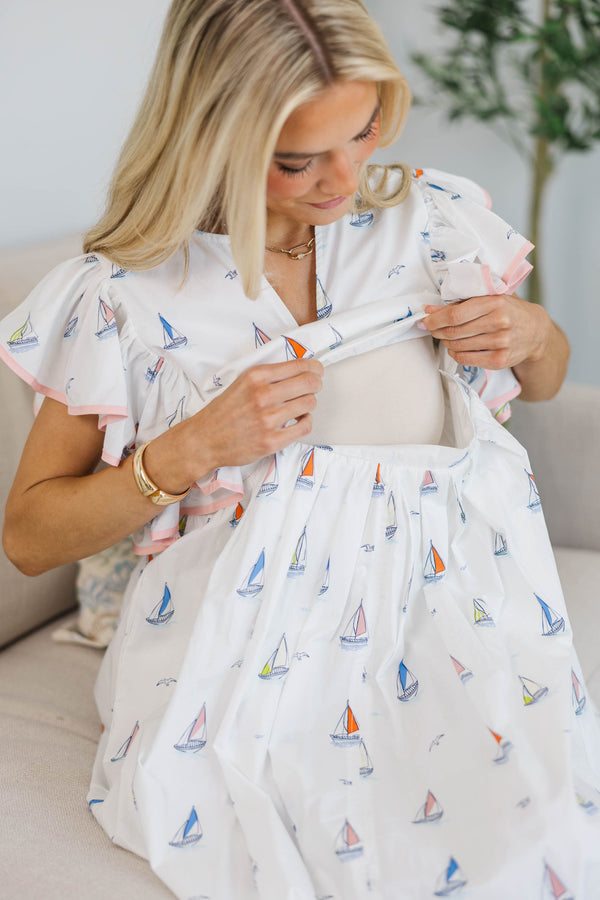 NURSING COLLECTION: Closer Than Ever White Sailboat Midi Dress
