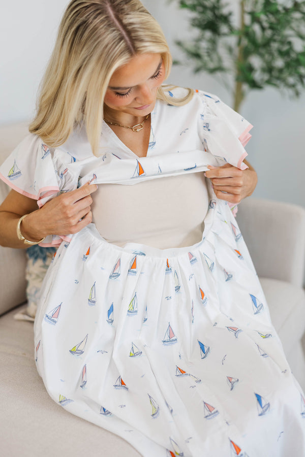 NURSING COLLECTION: Closer Than Ever White Sailboat Midi Dress