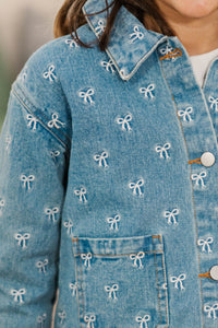 Girls: The Nadia Blue Embroidered Bow Denim Jacket