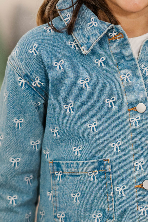 Girls: The Nadia Blue Embroidered Bow Denim Jacket