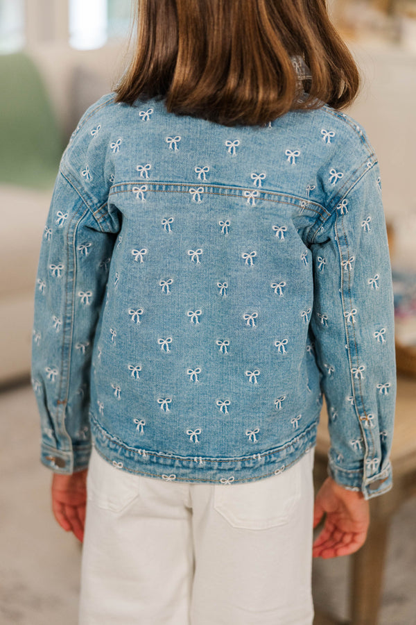 Girls: The Nadia Blue Embroidered Bow Denim Jacket