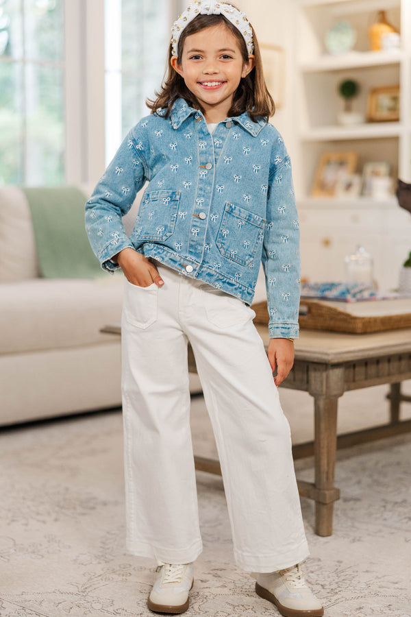 Girls: The Nadia Blue Embroidered Bow Denim Jacket