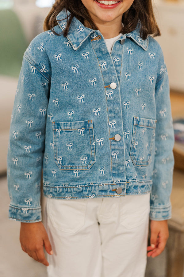 Girls: The Nadia Blue Embroidered Bow Denim Jacket