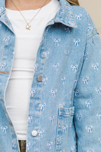 Girls: The Nadia Blue Embroidered Bow Denim Jacket