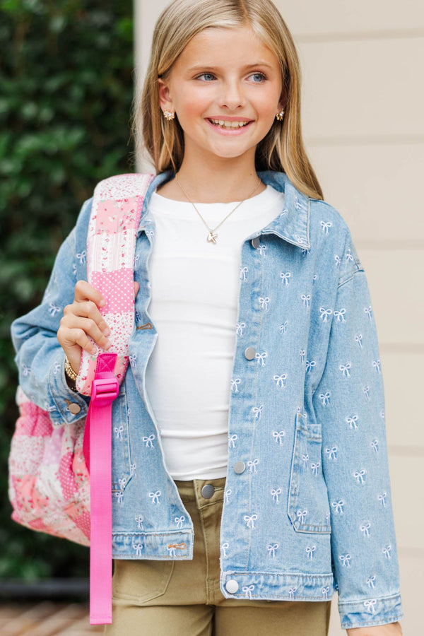 Girls: The Nadia Blue Embroidered Bow Denim Jacket
