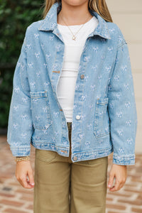 Girls: The Nadia Blue Embroidered Bow Denim Jacket