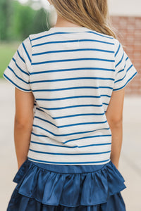Girls: Lucky You White & Navy Striped Tee