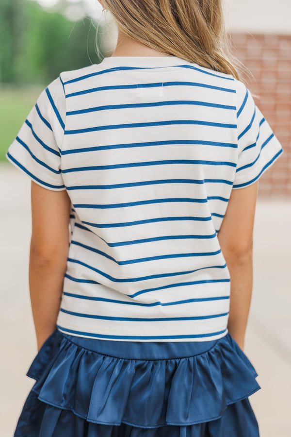 Girls: Lucky You White & Navy Striped Tee