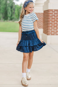 Girls: Lucky You White & Navy Striped Tee