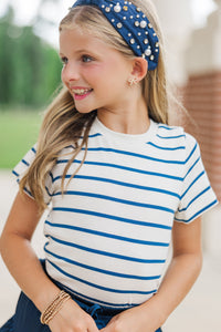 Girls: Lucky You White & Navy Striped Tee