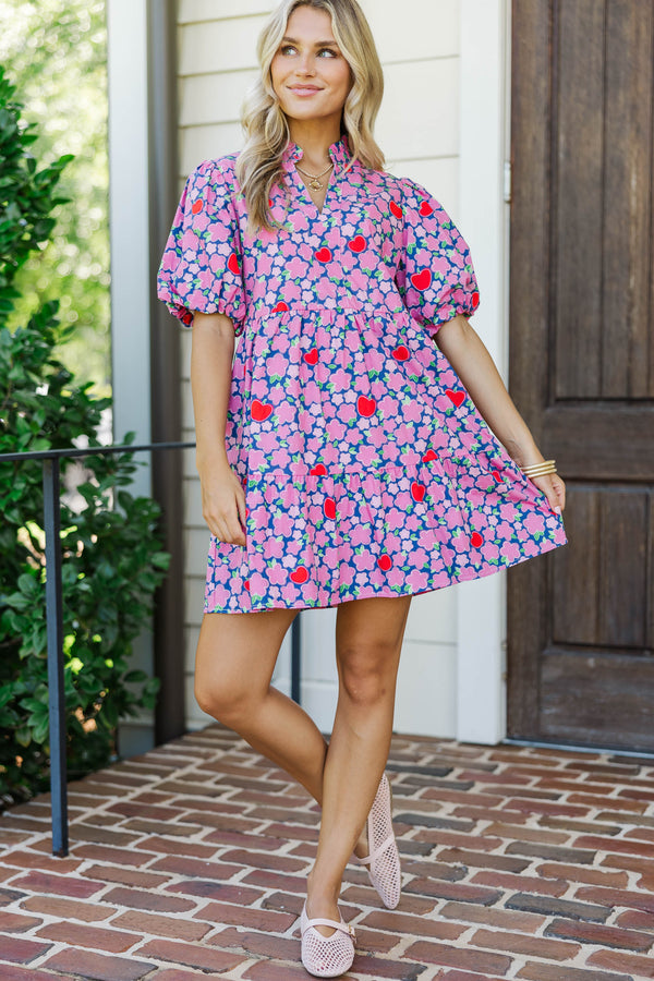 Somewhere Out There Navy Apple & Floral Babydoll Dress