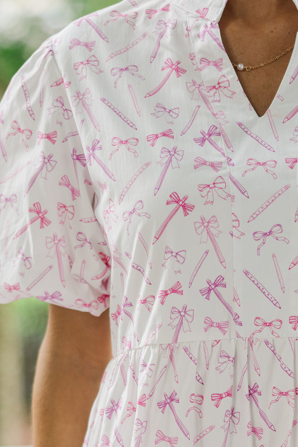 Somewhere Out There White Pencil Toile Print Babydoll Dress
