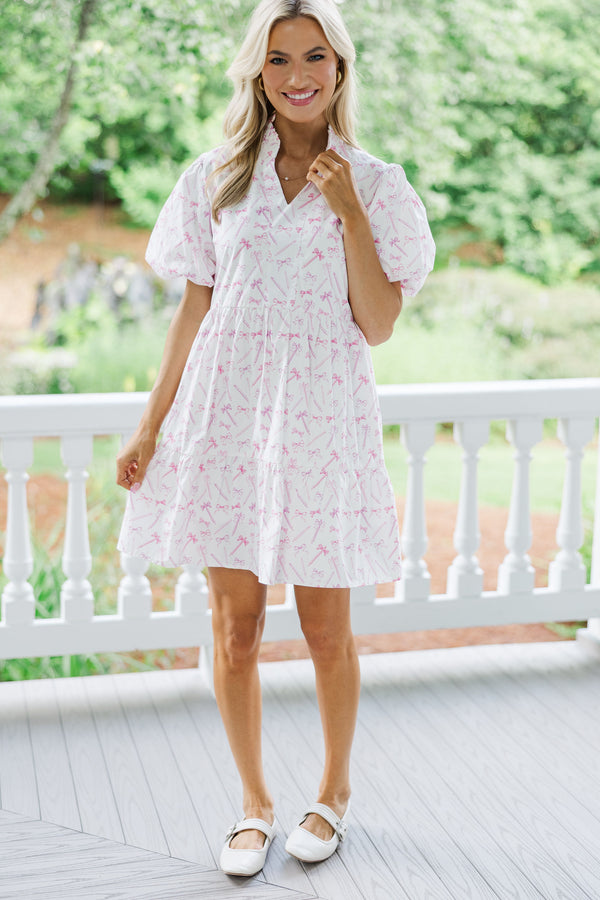 Somewhere Out There White Pencil Toile Print Babydoll Dress