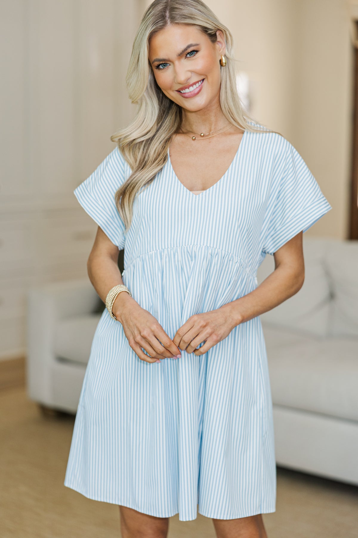 NURSING COLLECTION: Full Of Joy Light Blue Striped Cotton Dress – Shop