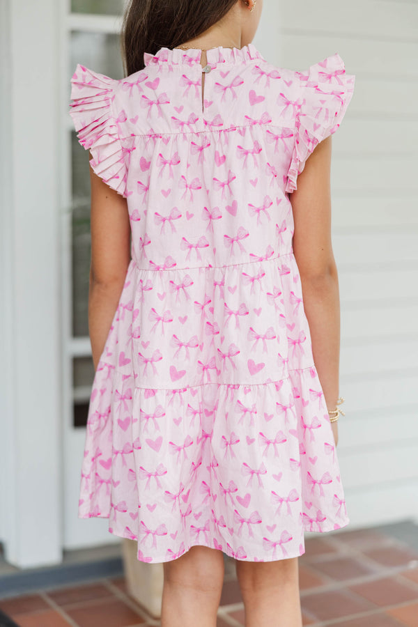 Girls: Sweet Nature Pink Bow Print Babydoll Dress