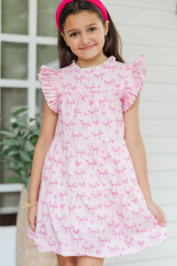 Girls: Sweet Nature Pink Bow Print Babydoll Dress