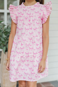 Girls: Sweet Nature Pink Bow Print Babydoll Dress
