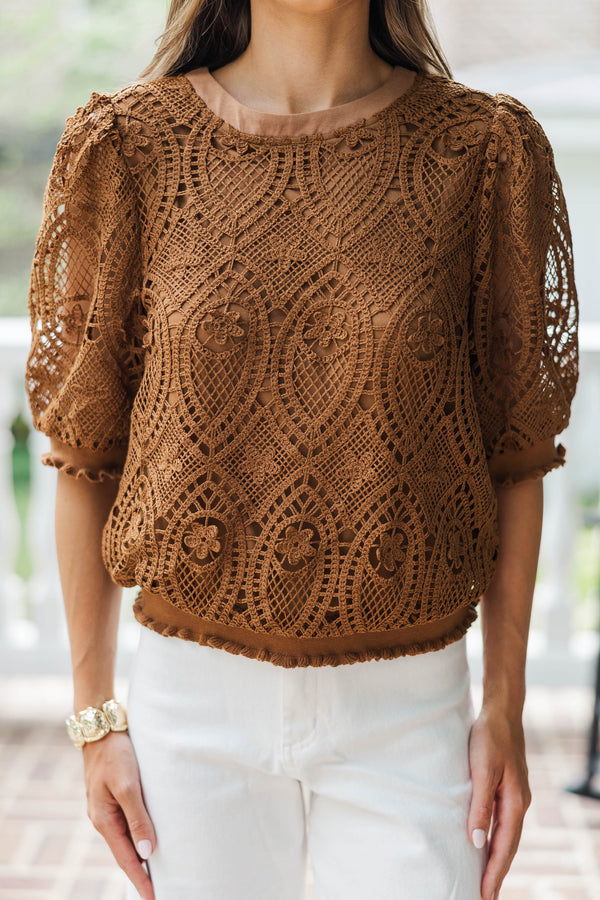 Promote Yourself Brown Crochet Blouse
