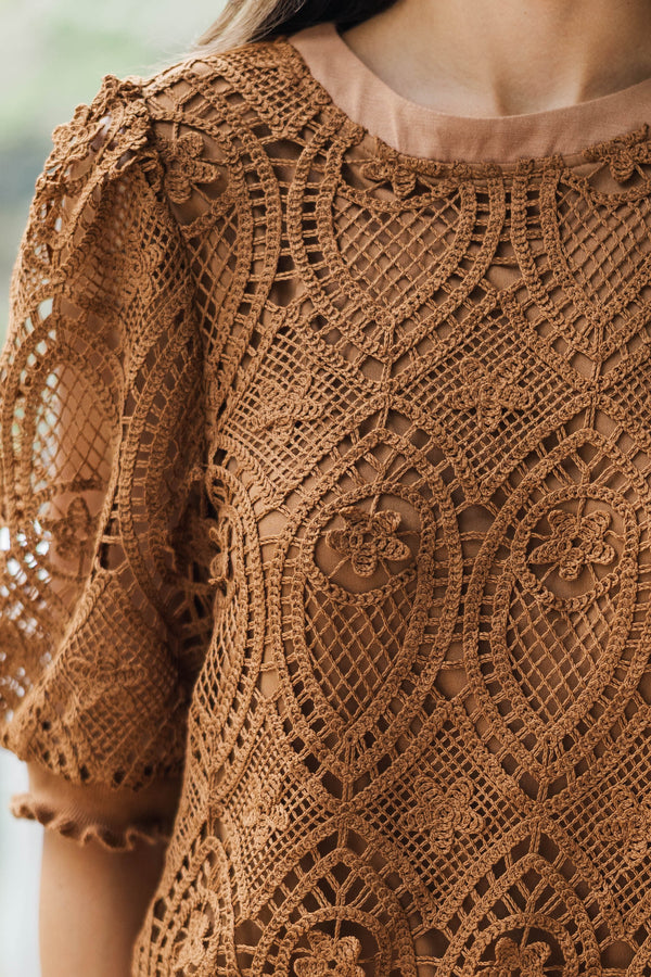 Promote Yourself Brown Crochet Blouse