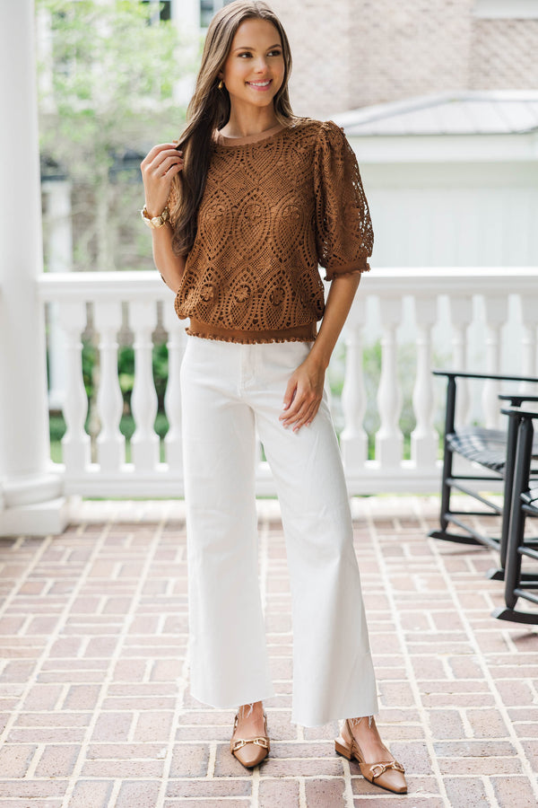 Promote Yourself Brown Crochet Blouse