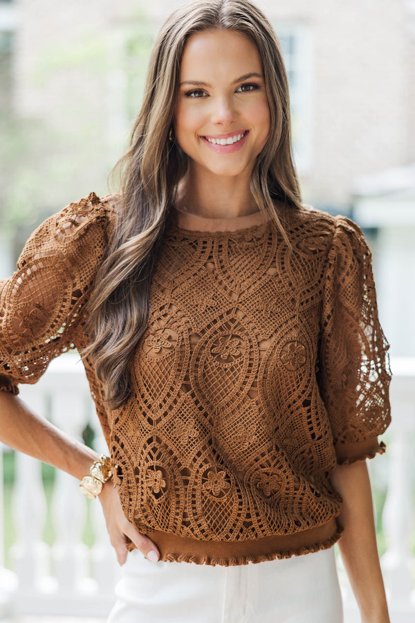 Promote Yourself Brown Crochet Blouse