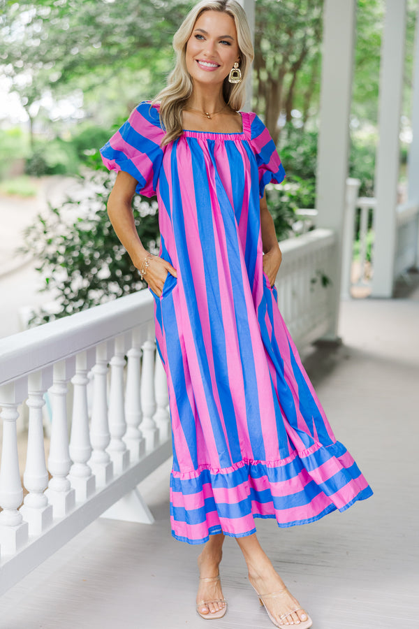 Just Look Royal and Pink Striped Midi Dress – Shop the Mint