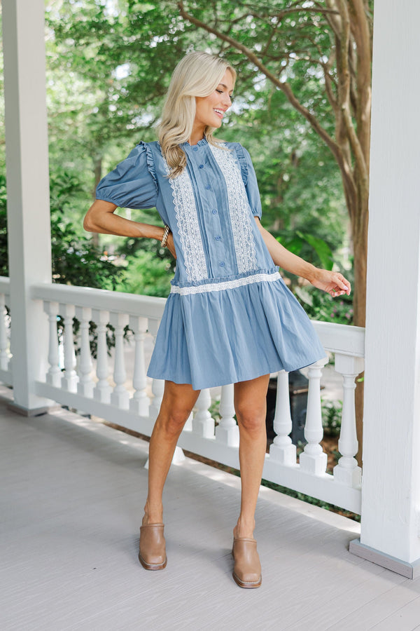 In Your Shoes Denim Blue Lace Dress, Medium - The Mint Julep Boutique | Women's Boutique Clothing In Your Shoes Denim Blue Lace Dress, Medium - The Mint Julep Boutique | Women's Boutique Clothing