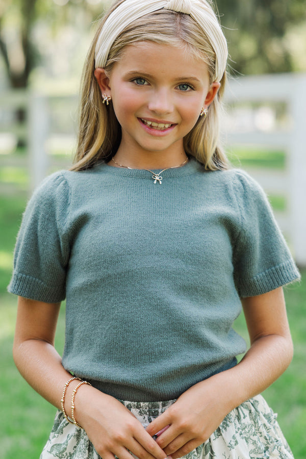 Girls: Work Of Art Olive Green Short Sleeve Sweater