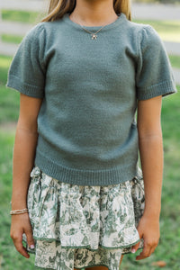 Girls: Work Of Art Olive Green Short Sleeve Sweater