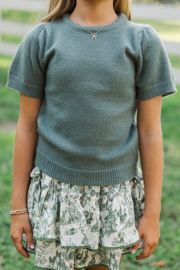 Girls: Work Of Art Olive Green Short Sleeve Sweater