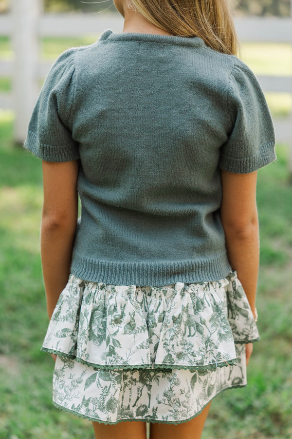 Girls: Work Of Art Olive Green Short Sleeve Sweater