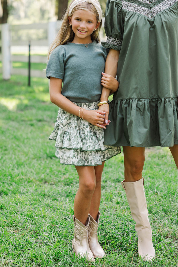 Girls: Work Of Art Olive Green Short Sleeve Sweater