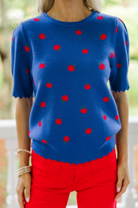 Crowd Pleaser Navy Blue Apple Print Short Sleeve Sweater