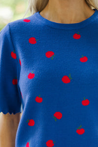 Crowd Pleaser Navy Blue Apple Print Short Sleeve Sweater