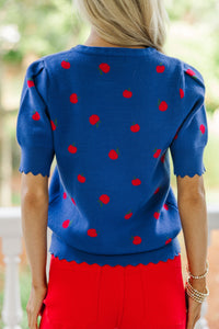 Crowd Pleaser Navy Blue Apple Print Short Sleeve Sweater