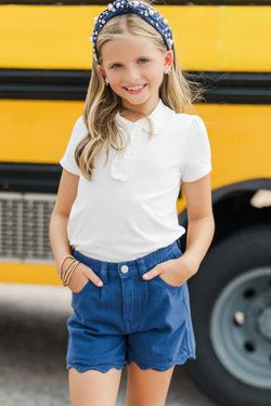 Girls: The Marci Navy Scalloped Shorts - 3