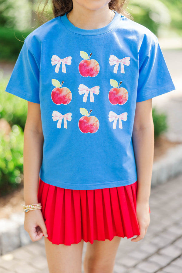 Girls: Apples & Gingham Bows Blue Graphic Tee