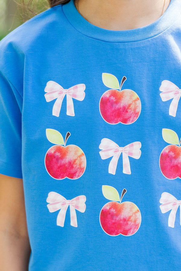 Girls: Apples & Gingham Bows Blue Graphic Tee