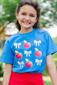 Girls: Apples & Gingham Bows Blue Graphic Tee