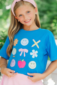 Girls: Flower Smiley Faces & Back To School Blue Graphic Tee