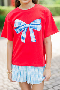 Girls: Blue Gingham Bow Red Graphic Tee