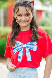 Girls: Blue Gingham Bow Red Graphic Tee