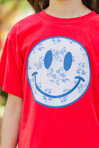 Girls: Blue Floral Toile Smiley Face Red Graphic Tee