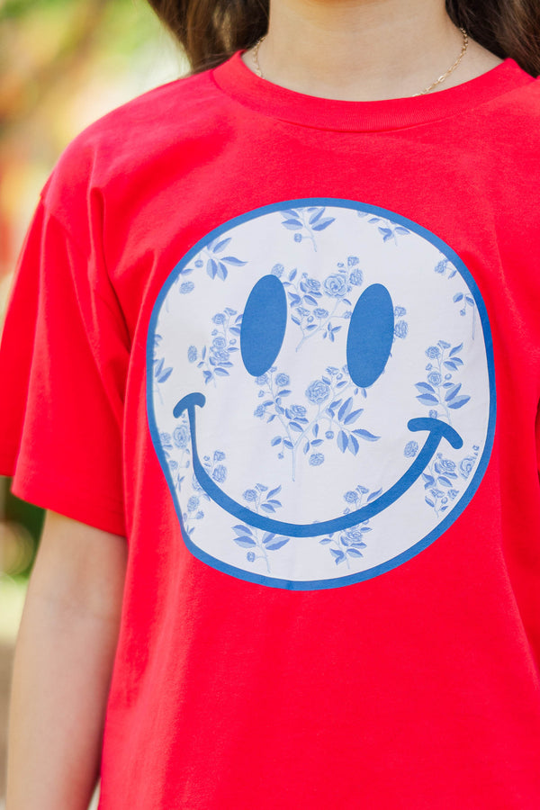 Girls: Blue Floral Toile Smiley Face Red Graphic Tee