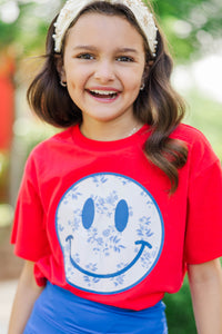 Girls: Blue Floral Toile Smiley Face Red Graphic Tee