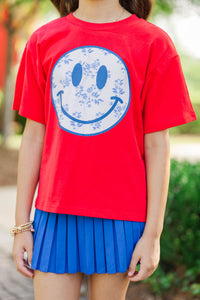 Girls: Blue Floral Toile Smiley Face Red Graphic Tee